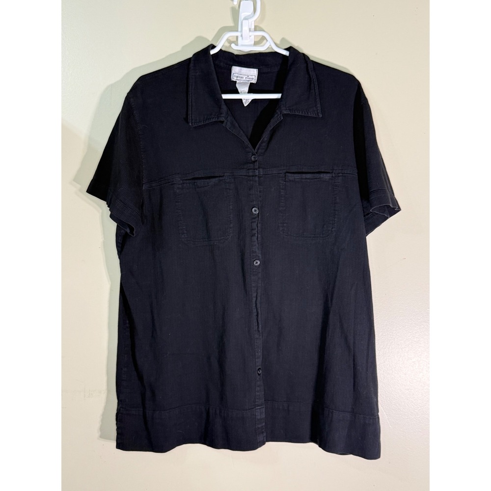 Cotton Ginny Minimalist Black Ribbed Cotton Short Sleeve Button Down L